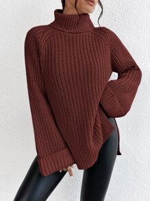 SHEIN Frenchy Turtleneck Raglan Sleeve Split Hem Jumper - Rust Brown - View 5
