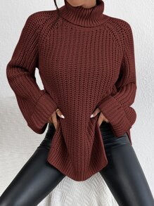 SHEIN Frenchy Turtleneck Raglan Sleeve Split Hem Jumper - Rust Brown - View 6