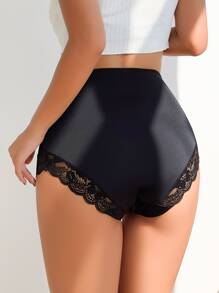 Women's Casual Black High Waisted Briefs With Elegant Contrast Lace Trim Fabric Medium Stretch Underwear - Black - View 2