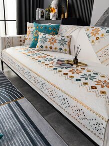 1pc Vintage Non-slip Sofa Towel, Geometric Pattern Sofa Pad For All Season - Beige - View 2