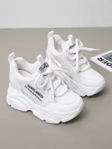 Letter Graphic Lace-up Front Wedge Sneakers - White - View 1