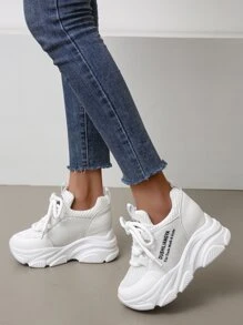 Letter Graphic Lace-up Front Wedge Sneakers - White - View 2