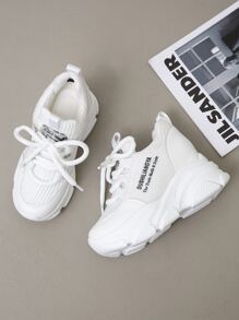 Letter Graphic Lace-up Front Wedge Sneakers - White - View 3