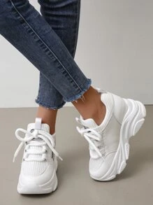 Letter Graphic Lace-up Front Wedge Sneakers - White - View 4