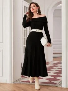 Modelyn 折邊一字肩毛衣裙不附腰帶 - 黑色 - 查看 1