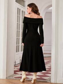 Modelyn 折邊一字肩毛衣裙不附腰帶 - 黑色 - 查看 2