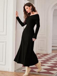 Modelyn 折邊一字肩毛衣裙不附腰帶 - 黑色 - 查看 3