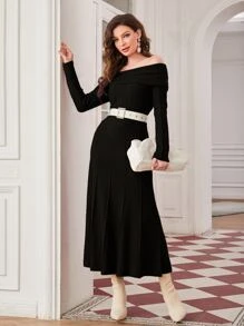 Modelyn 折邊一字肩毛衣裙不附腰帶 - 黑色 - 查看 4