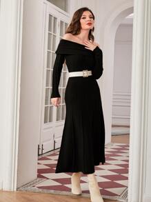 Modelyn 折邊一字肩毛衣裙不附腰帶 - 黑色 - 查看 5