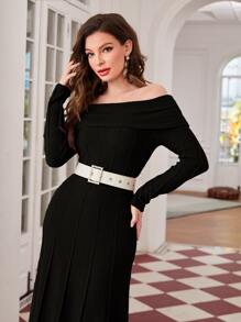 Modelyn 折邊一字肩毛衣裙不附腰帶 - 黑色 - 查看 6