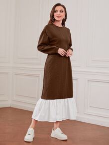 Seusyu Wrap Ruffle Hem Sweatshirt Dress Pullover Fall Outfit - Coffee Brown - View 3
