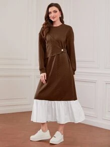 Seusyu Wrap Ruffle Hem Sweatshirt Dress Pullover Fall Outfit - Coffee Brown - View 4