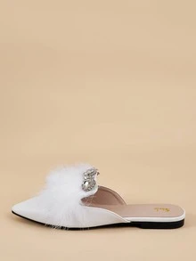 Rhinestone Decor Contrast Fluffy Flat Mules - White - View 5