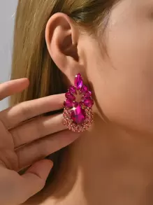 Rhinestone Water-drop Stud Earrings - Hot Pink - View 1