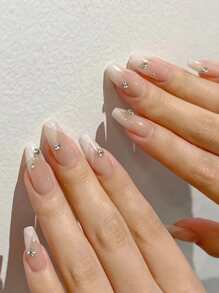 Upgrade Your Look With 24pcs Long Coffin White French Jelly Rhinestone Decor Fake Nail & 1pc Nail File & 1sheet Nail Tape Press On Nails Nail Supplies - Multicolor - View 2