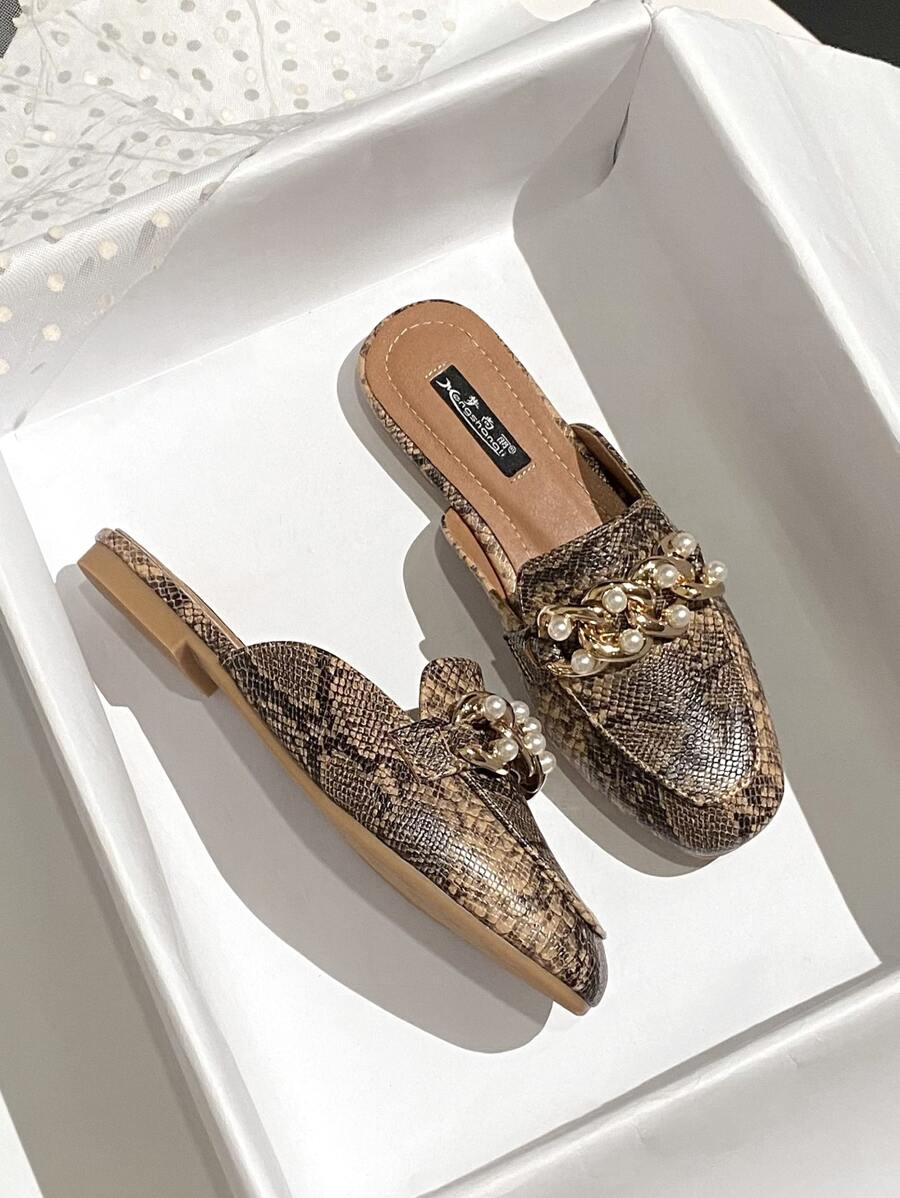 Snakeskin Embossed Chain & Faux Pearl Decor Flat Mules - Multicolor - View 1