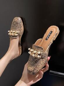 Snakeskin Embossed Chain & Faux Pearl Decor Flat Mules - Multicolor - View 2