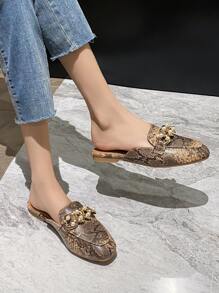 Snakeskin Embossed Chain & Faux Pearl Decor Flat Mules - Multicolor - View 5