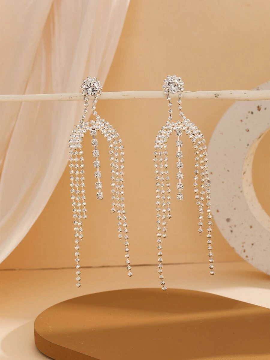 Rhinestone Tassel Drop Earrings - Silver - View 1