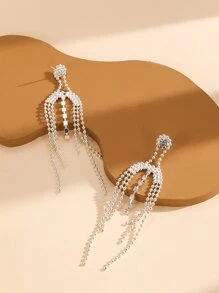 Rhinestone Tassel Drop Earrings - Silver - View 3