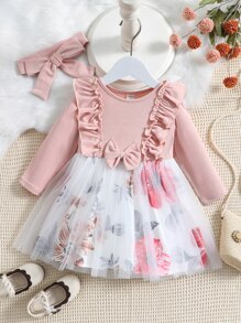 Baby Floral Print Ruffle Trim Mesh Overlay Dress With Headband - Multicolor - View 1