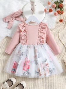 Baby Floral Print Ruffle Trim Mesh Overlay Dress With Headband - Multicolor - View 2
