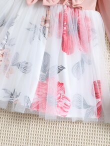 Baby Floral Print Ruffle Trim Mesh Overlay Dress With Headband - Multicolor - View 5