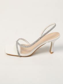 时尚女士高跟凉鞋，尖头水钻系带凉鞋，适合派对、通勤、搭配连衣裙，新款夏季凉鞋 - 白色 - 查看 4