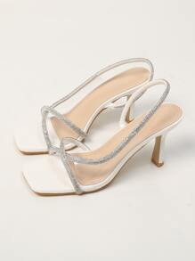 时尚女士高跟凉鞋，尖头水钻系带凉鞋，适合派对、通勤、搭配连衣裙，新款夏季凉鞋 - 白色 - 查看 5