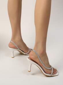 时尚女士高跟凉鞋，尖头水钻系带凉鞋，适合派对、通勤、搭配连衣裙，新款夏季凉鞋 - 白色 - 查看 6