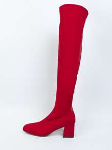 方頭粗跟彈力靴 - 紅色 - 查看 3