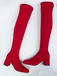 方頭粗跟彈力靴 - 紅色 - 查看 4