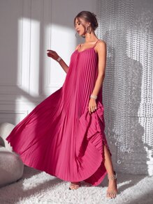 SHEIN BAE Solid Pleated Cami Dress - Hot Pink - View 1