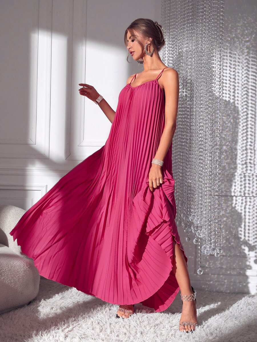SHEIN BAE Solid Pleated Cami Dress - Hot Pink - View 1