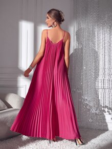 SHEIN BAE Solid Pleated Cami Dress - Hot Pink - View 2