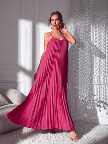 SHEIN BAE Solid Pleated Cami Dress - Hot Pink - View 4