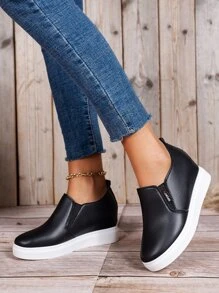 Zapatillas deportivas cuña con diseño de parche de letra sin cordones - Negro - Ver 1