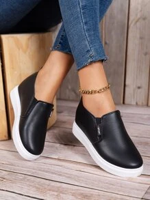 Zapatillas deportivas cuña con diseño de parche de letra sin cordones - Negro - Ver 2