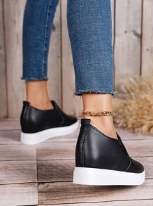 Zapatillas deportivas cuña con diseño de parche de letra sin cordones - Negro - Ver 4