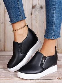 Zapatillas deportivas cuña con diseño de parche de letra sin cordones - Negro - Ver 5