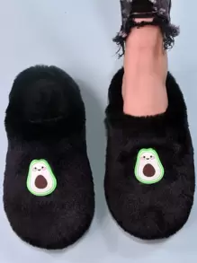 Cartoon Avocado Decor Fuzzy Bedroom Slippers - Black - View 1
