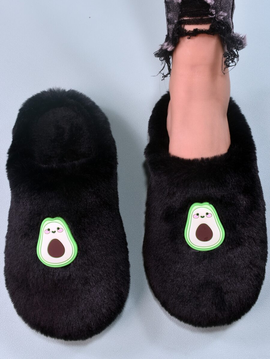 Cartoon Avocado Decor Fuzzy Bedroom Slippers - Black - View 1