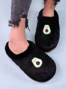 Cartoon Avocado Decor Fuzzy Bedroom Slippers - Black - View 2