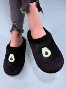 Cartoon Avocado Decor Fuzzy Bedroom Slippers - Black - View 5