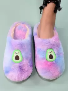 扎染水果装饰毛绒卧室拖鞋，蓬松拖鞋 - 彩色 - 查看 1