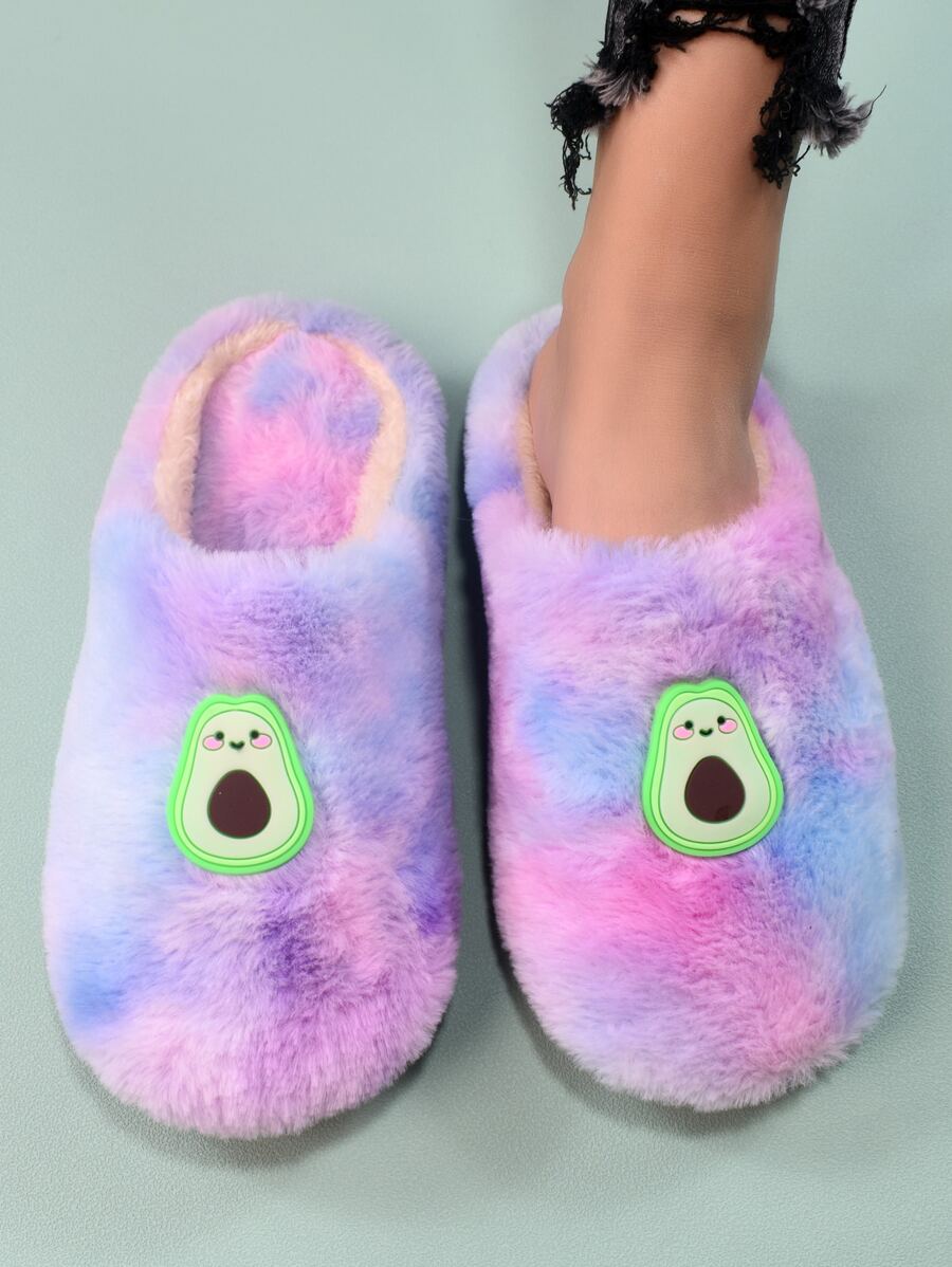 扎染水果装饰毛绒卧室拖鞋，蓬松拖鞋 - 彩色 - 查看 1
