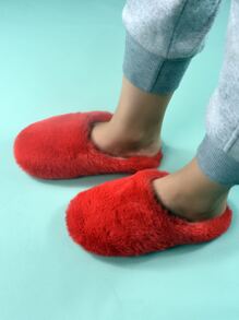 女士時髦極簡毛茸茸家居拖鞋適用於臥室 - 紅色 - 查看 6