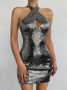 EURMUSE Crisscross Backless Sequin Bodycon Dress - Silver - View 1