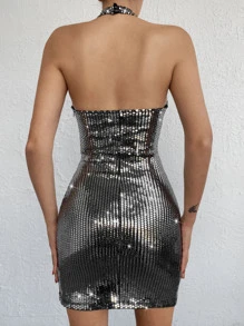 EURMUSE Crisscross Backless Sequin Bodycon Dress - Silver - View 2