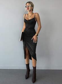 Split Thigh Ruched Satin Cami Dress - Black - View 5